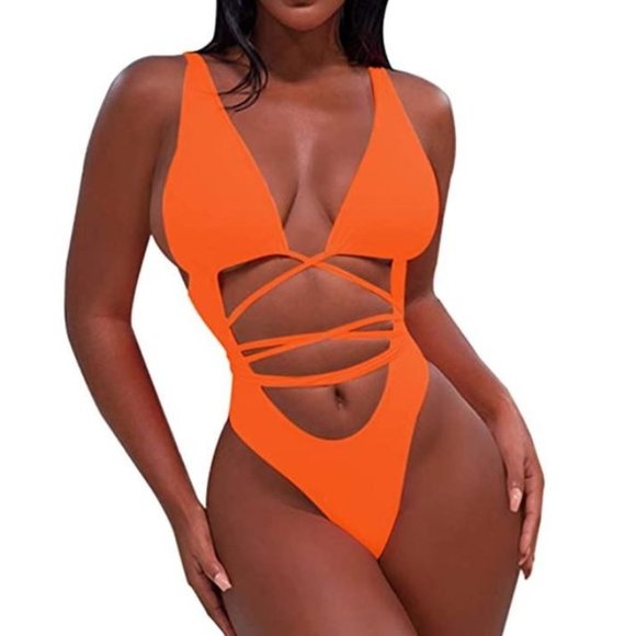 Sovoyontee Women's Sexy One Piece Swimsuits Bikini Bathing Suit Bright Orange S - Picture 1 of 7